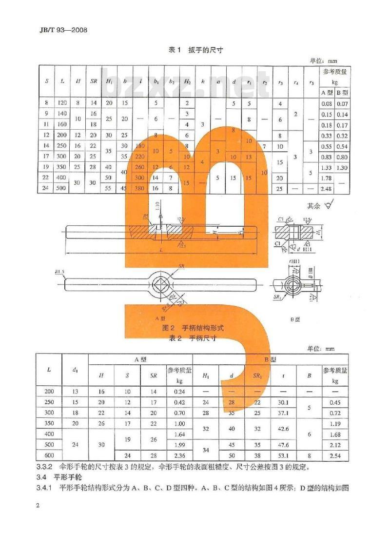 JB/T 93-2008 阀门零部件扳手、手柄和手轮