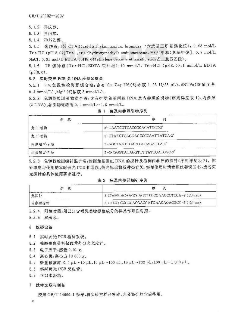 GB/T 21102-2007 动物源性饲料中兔源性成分定性检测方法 实时荧光PCR方法
