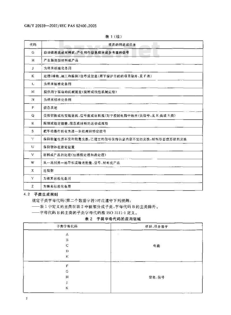 GB/T 20939-2007 技术产品及技术产品文件结构原则 字母代码 按项目用途和任务划分的主类和子类