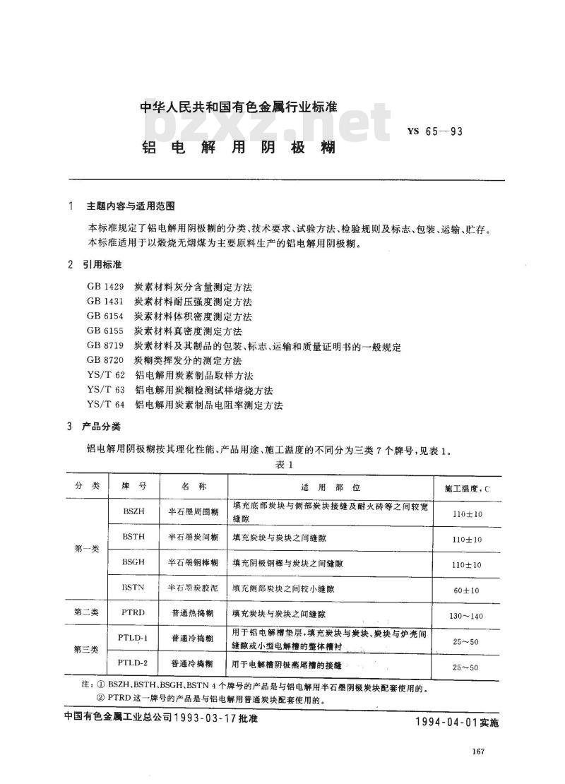 YS/T 65-1993 铝电解用阴极糊