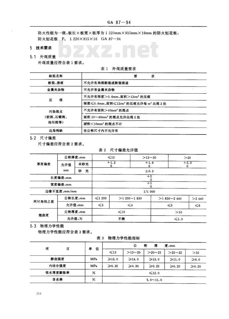 GA 87-1994 防火刨花板通用技术条件