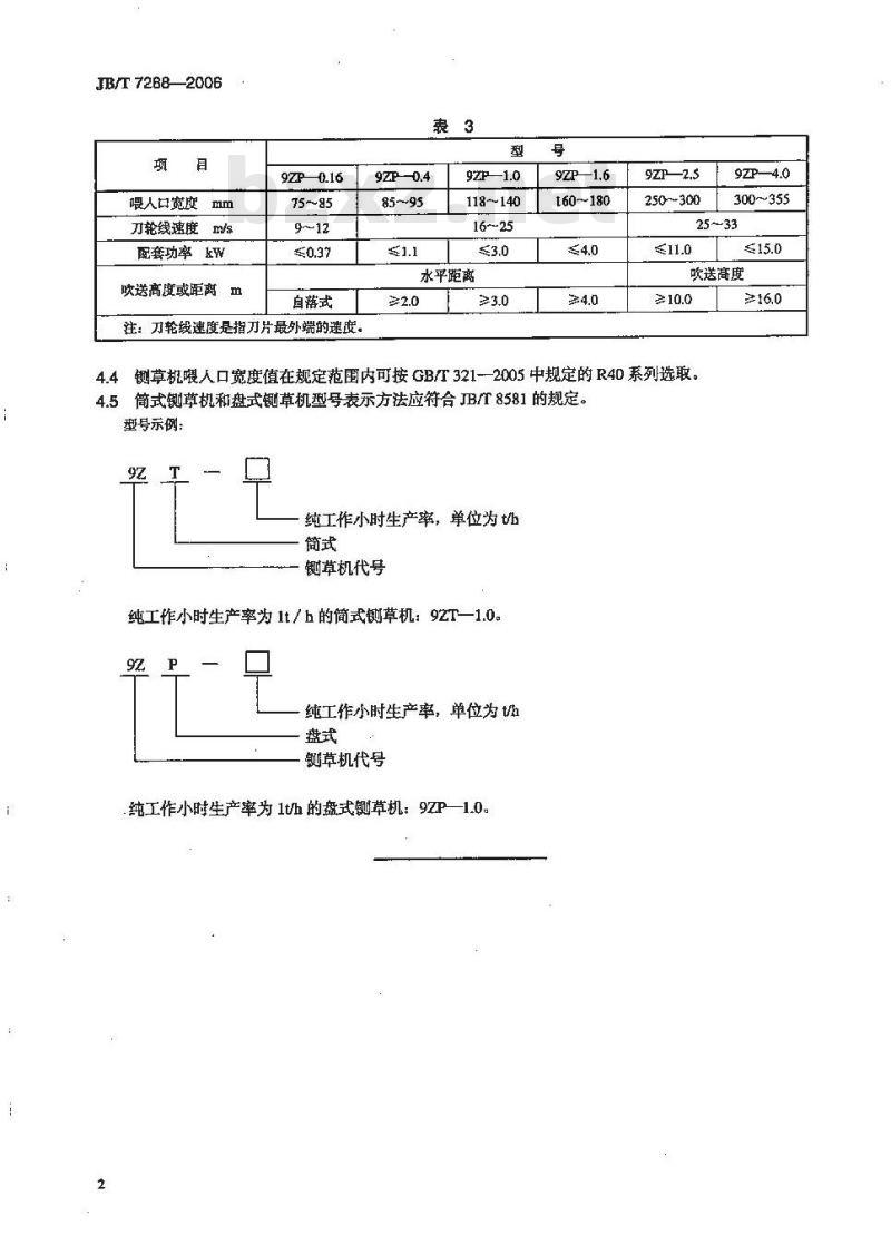 JB/T 7288-2006 铡草机 型式与基本参数