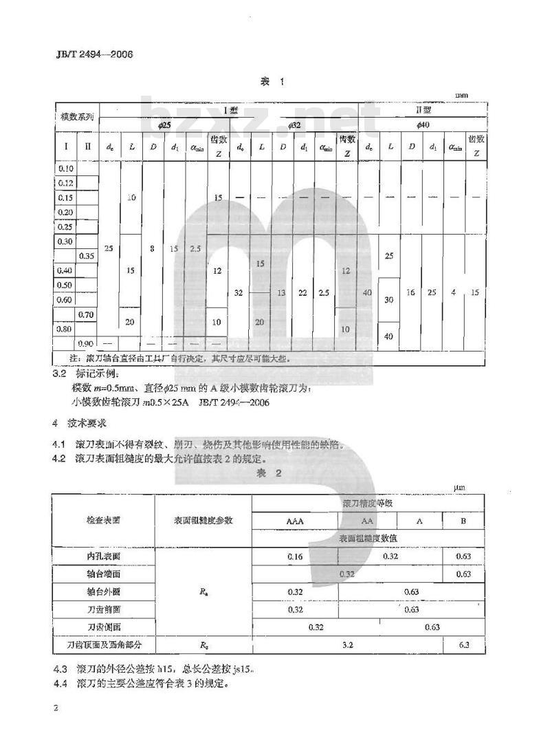 JB/T 2494-2006 小模数齿轮滚刀