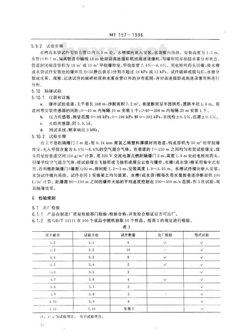 MT 157-1996 煤矿用隔爆水槽和隔爆水袋通用技术条件