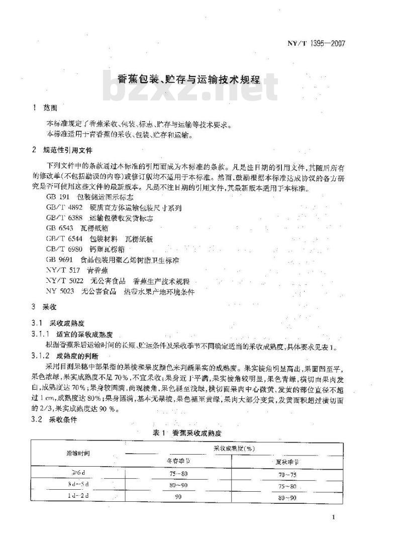 NY/T 1395-2007 香蕉包装、贮存与运输技术规程