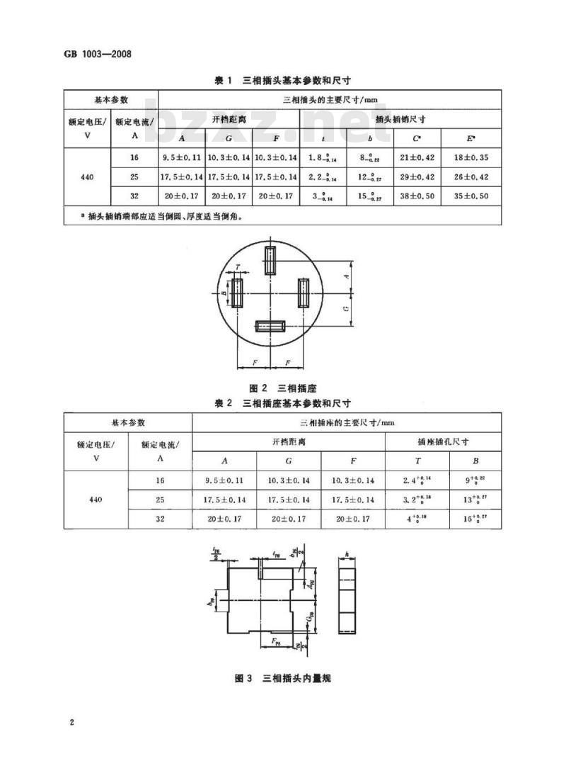 GB 1003-2008 家用和类似用途三相插头插座 型式、基本参数和尺寸