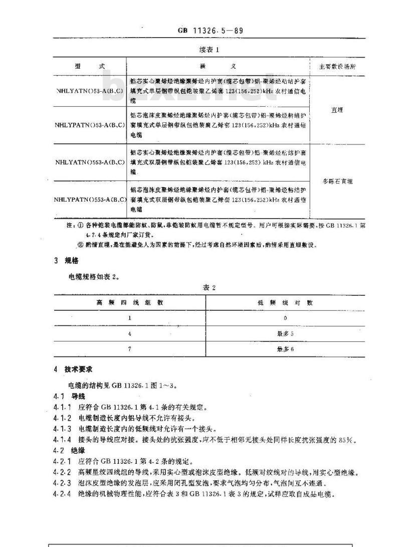 GB 11326.5-1989 聚烯烃绝缘铝-聚烯烃粘结护套高频农村通信电缆铝芯填充电缆