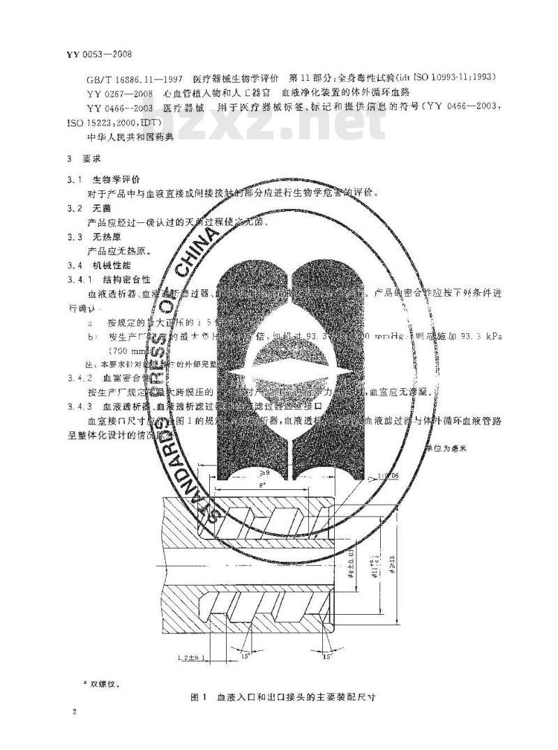 YY 0053-2008 心血管植入物和人工器官 血液透析器、血液透析滤过器、血液滤过器和血液浓缩器