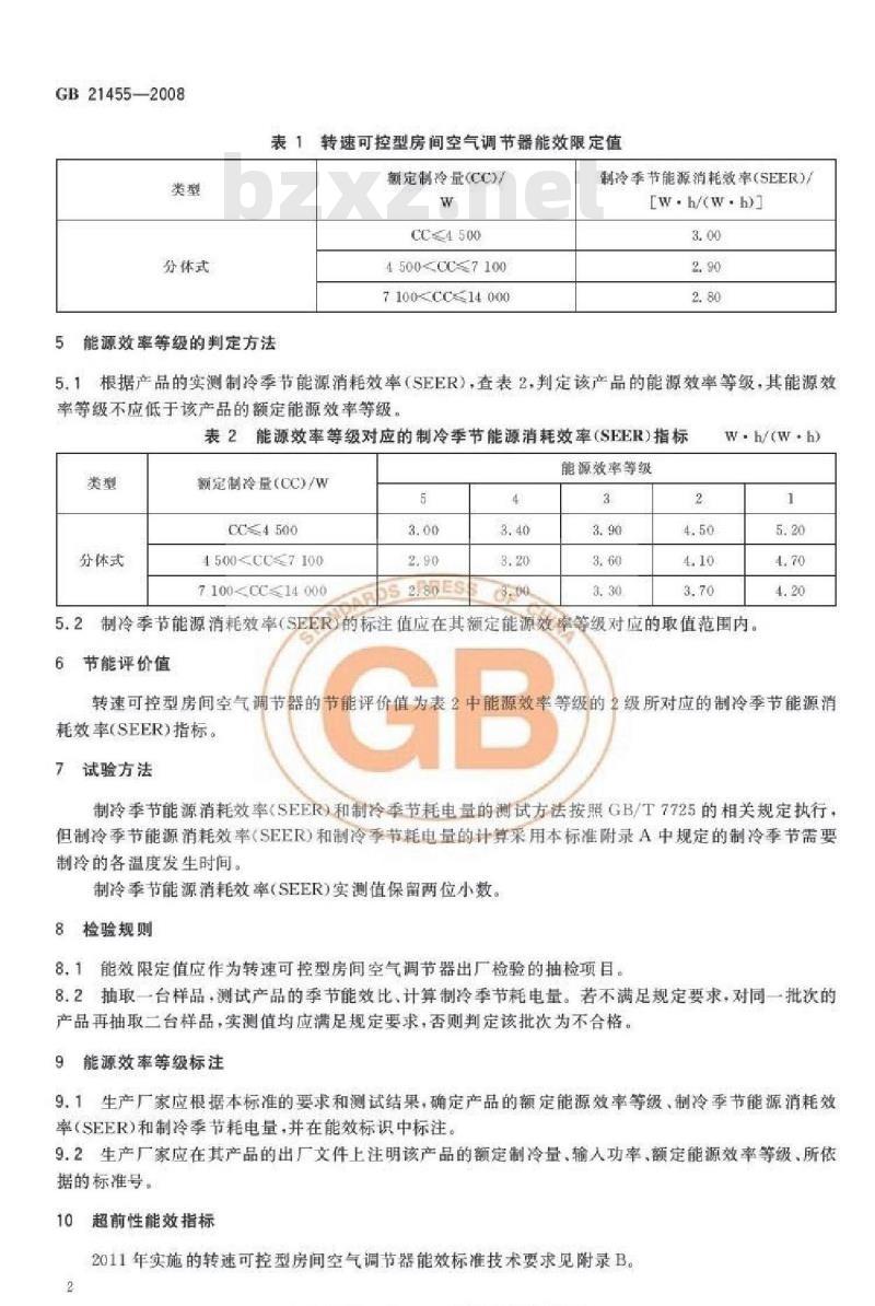 GB 21455-2008 转速可控型房间空气调节器能效限定值及能源效率等级