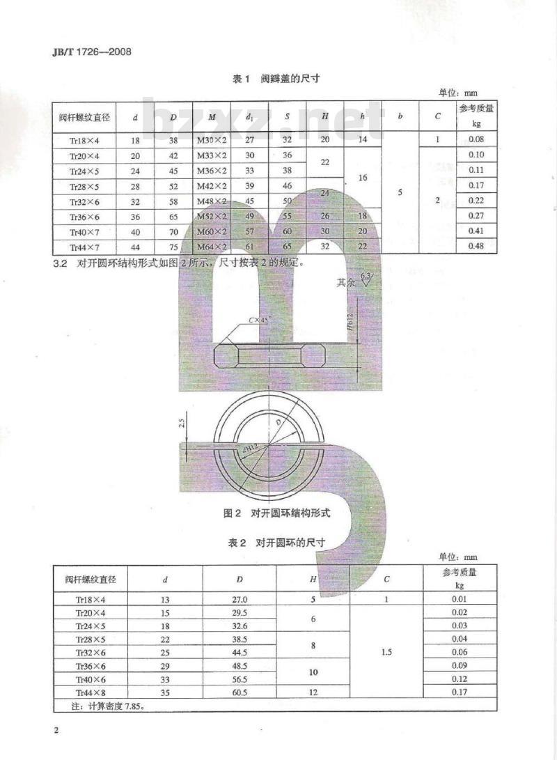 JB/T 1726-2008 阀门零部件 阀瓣盖和对开圆环