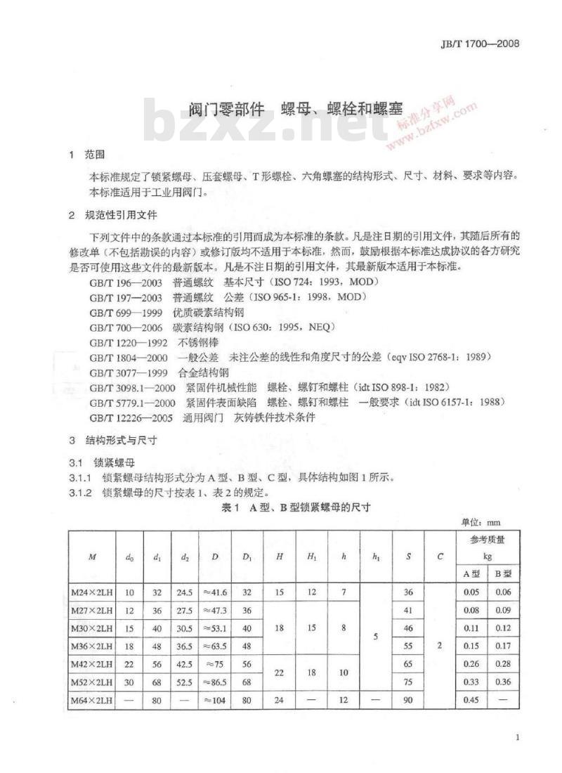 JB/T 1700-2008 阀门零部件 螺母、螺栓和螺塞