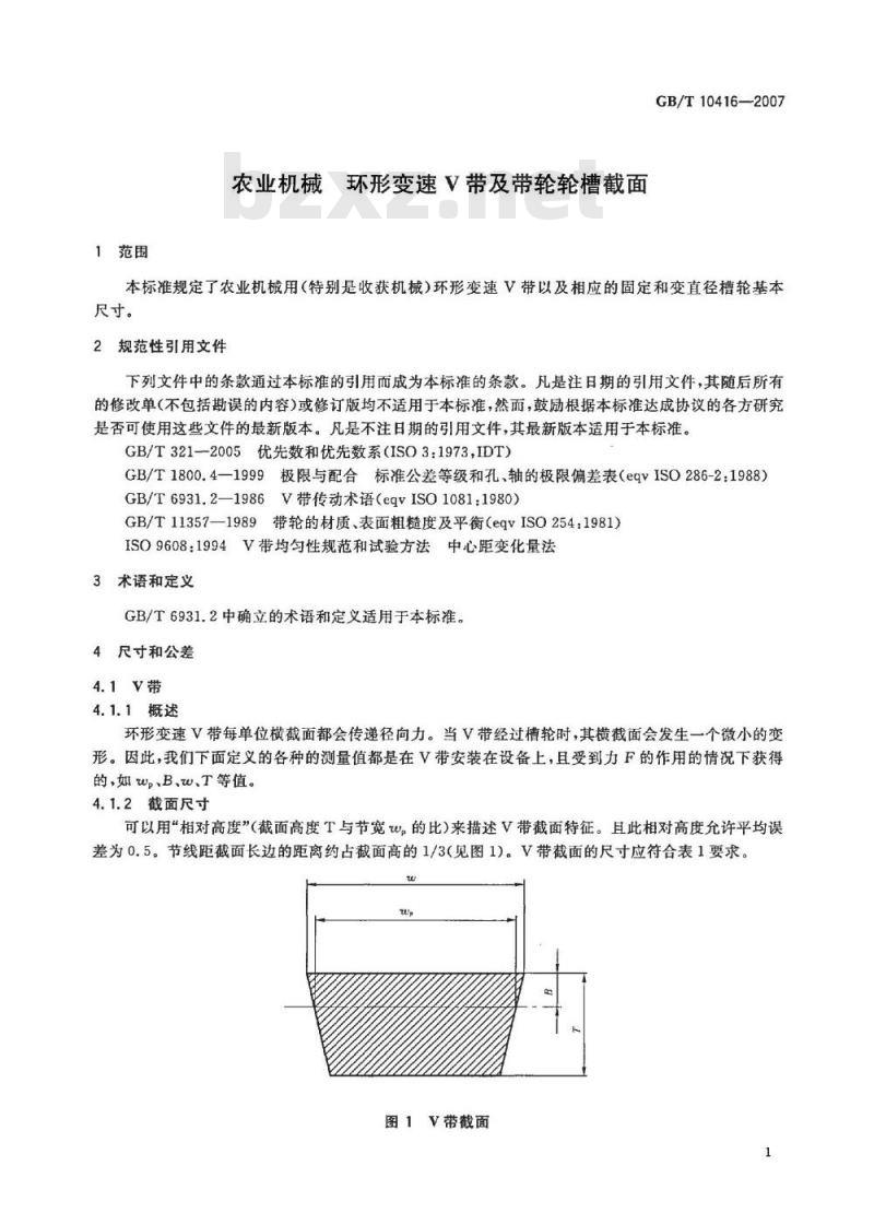 GB/T 10416-2007 农业机械 环形变速V带及带轮轮槽截面