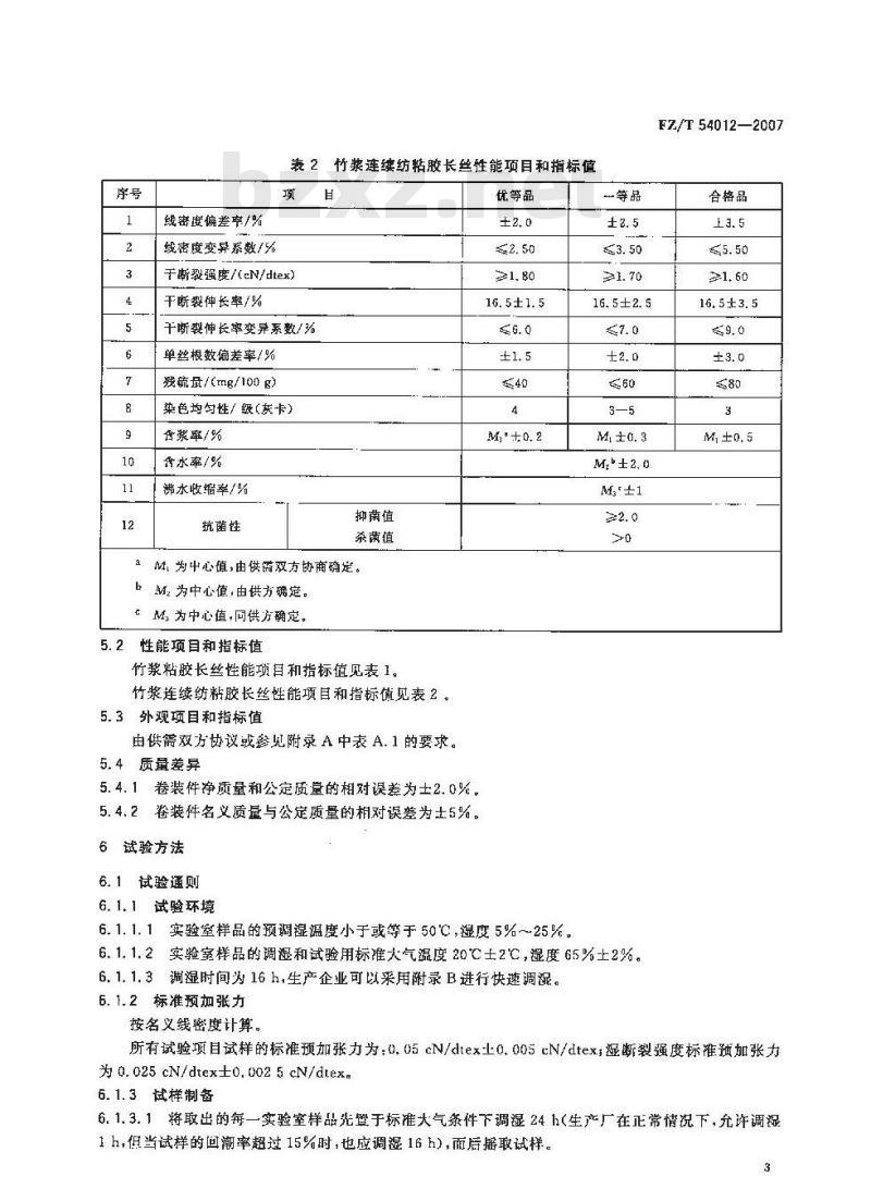 FZ/T 54012-2007 竹浆粘胶长丝