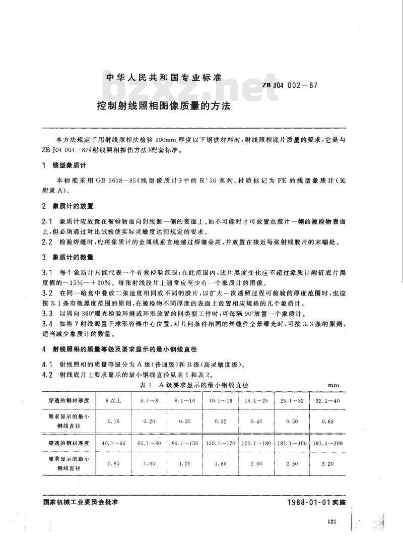 ZB J 04002-1987 控制射线照相图像质量的方法