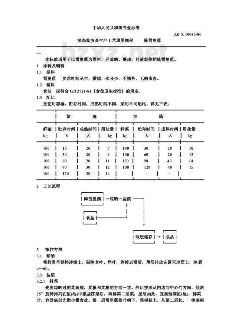 ZB X 10045-1986 湿态盐渍菜生产工艺通用规程 腌雪里蕻