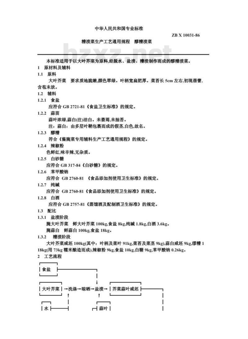 ZB X 10031-1986 糟渍菜生产工艺通用规程 醪糟渍菜
