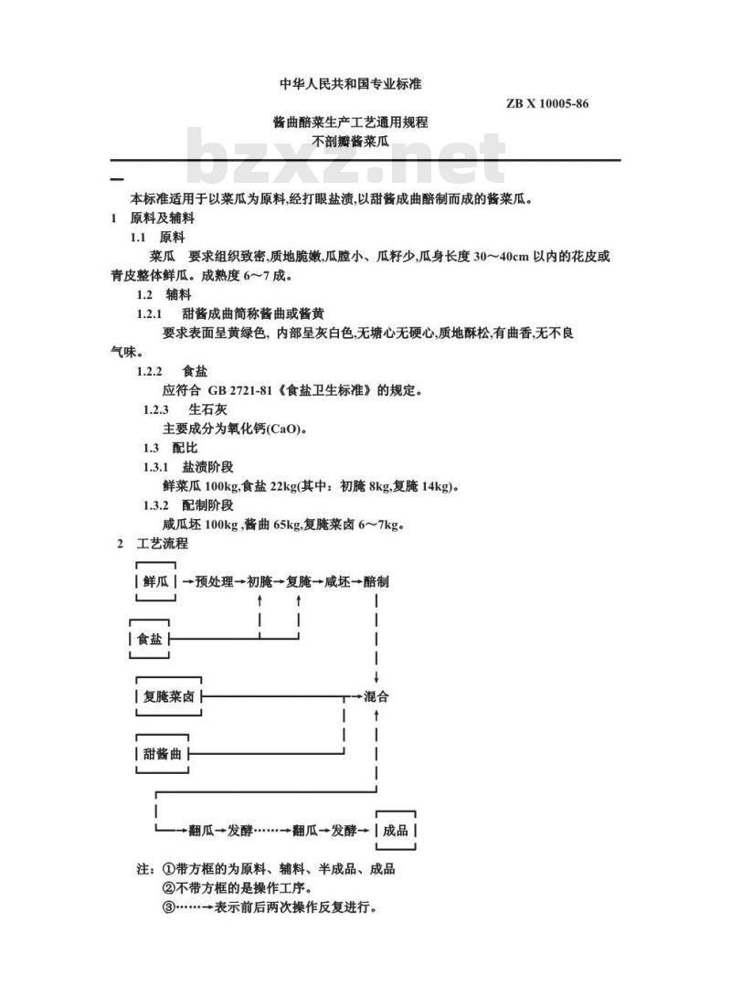 ZB X 10005-1986 酱曲醅菜生产工艺通用规程 不剖瓣酱菜瓜
