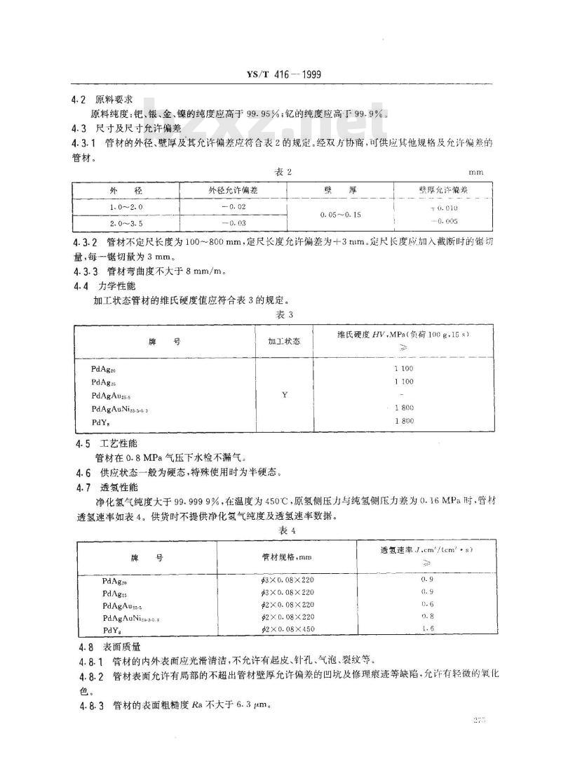 YS/T 416-1999 氢气净化用钯合金管材