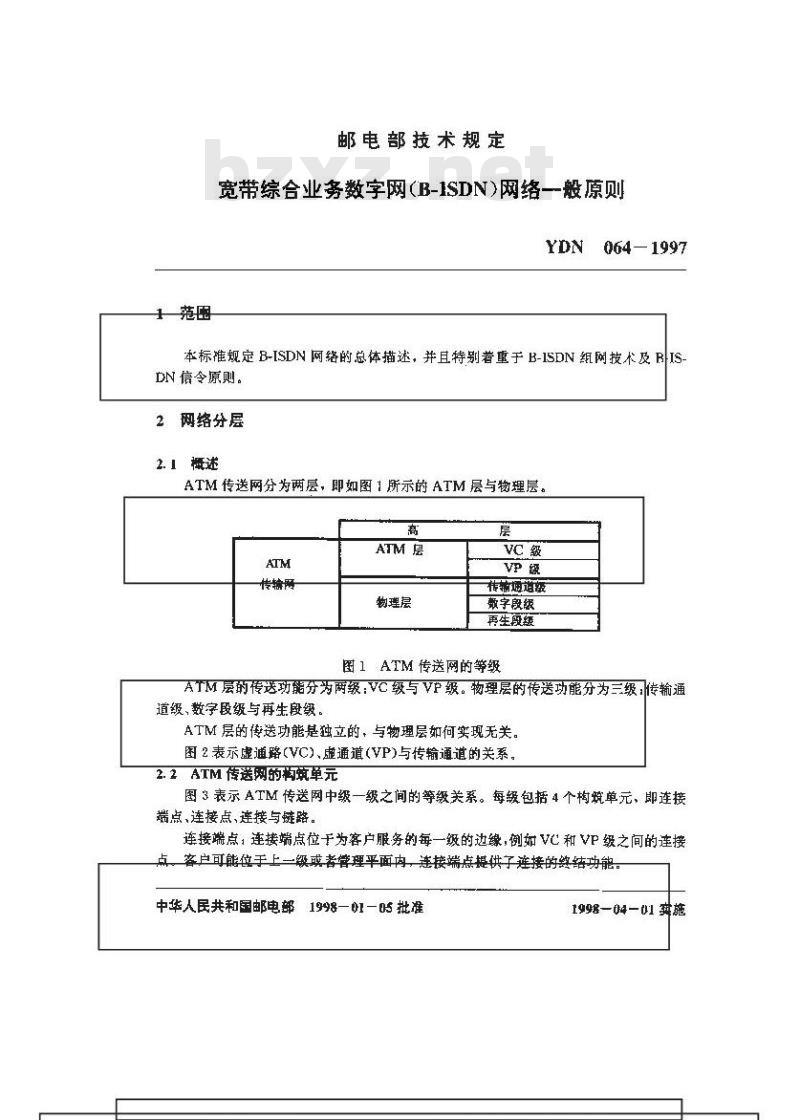 YDN 064-1997 宽带综合业务数字网(B-ISDN)网络一般原则