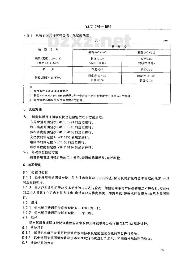 YS/T 286-1999 铝电解用普通阴极炭块