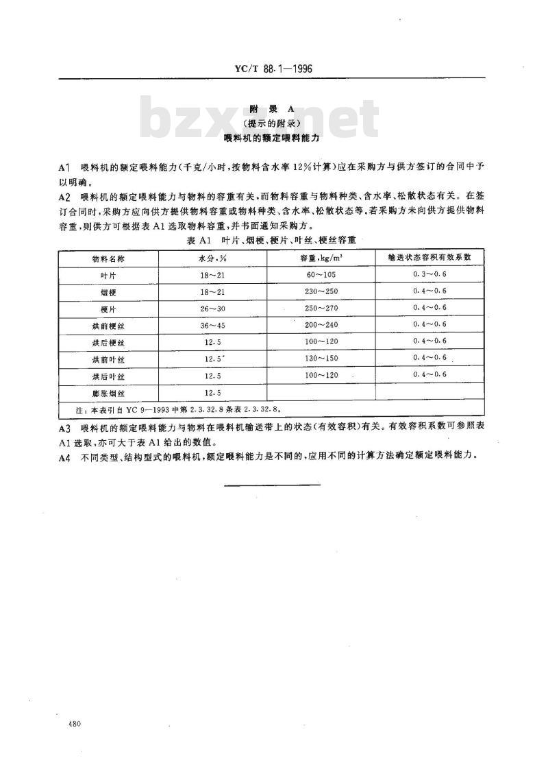 YC/T 88.1-1996 烟草机械 喂料机 第1部分P:型式与基本参数