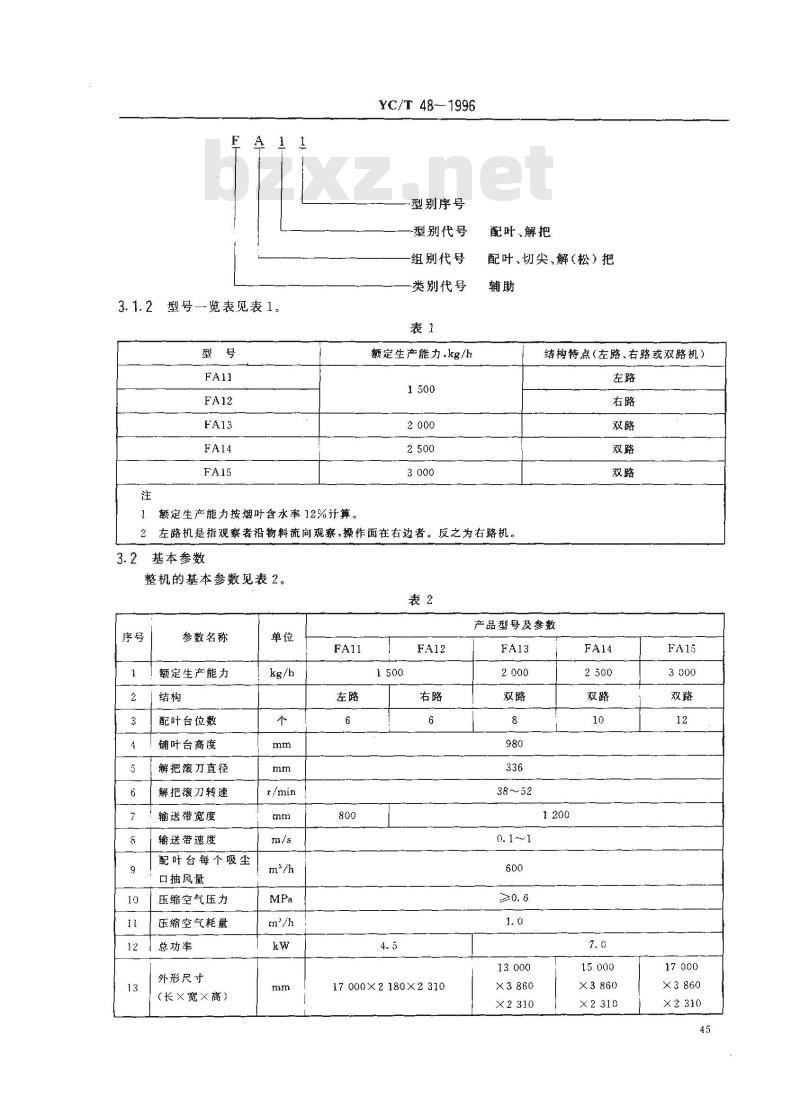 YC/T 48-1996 烟草机械 FA11～15型配叶解把机