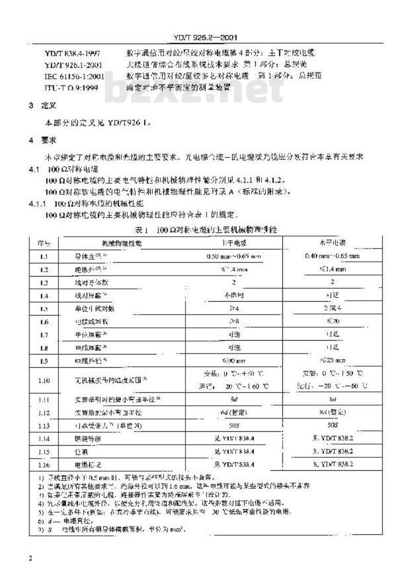 YD/T 926.2-2001 大楼通信综合布线系统 第2部分:综合布线用电缆、光缆技术要求