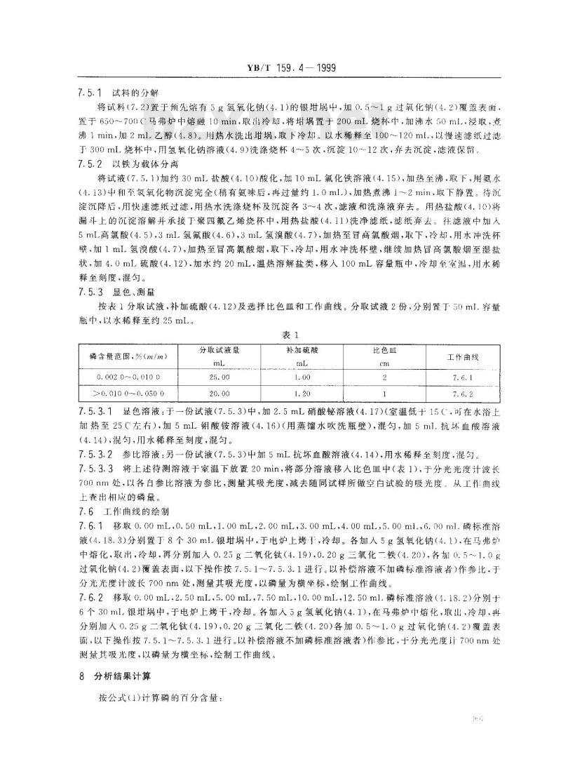 YB/T 159.4-1999 钛精矿(岩矿)化学分析方法 铋磷钼蓝分光光度法测定磷含量