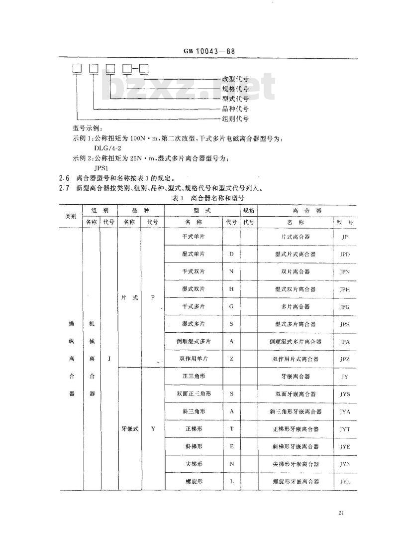 GB/T 10043-1988 离合器分类