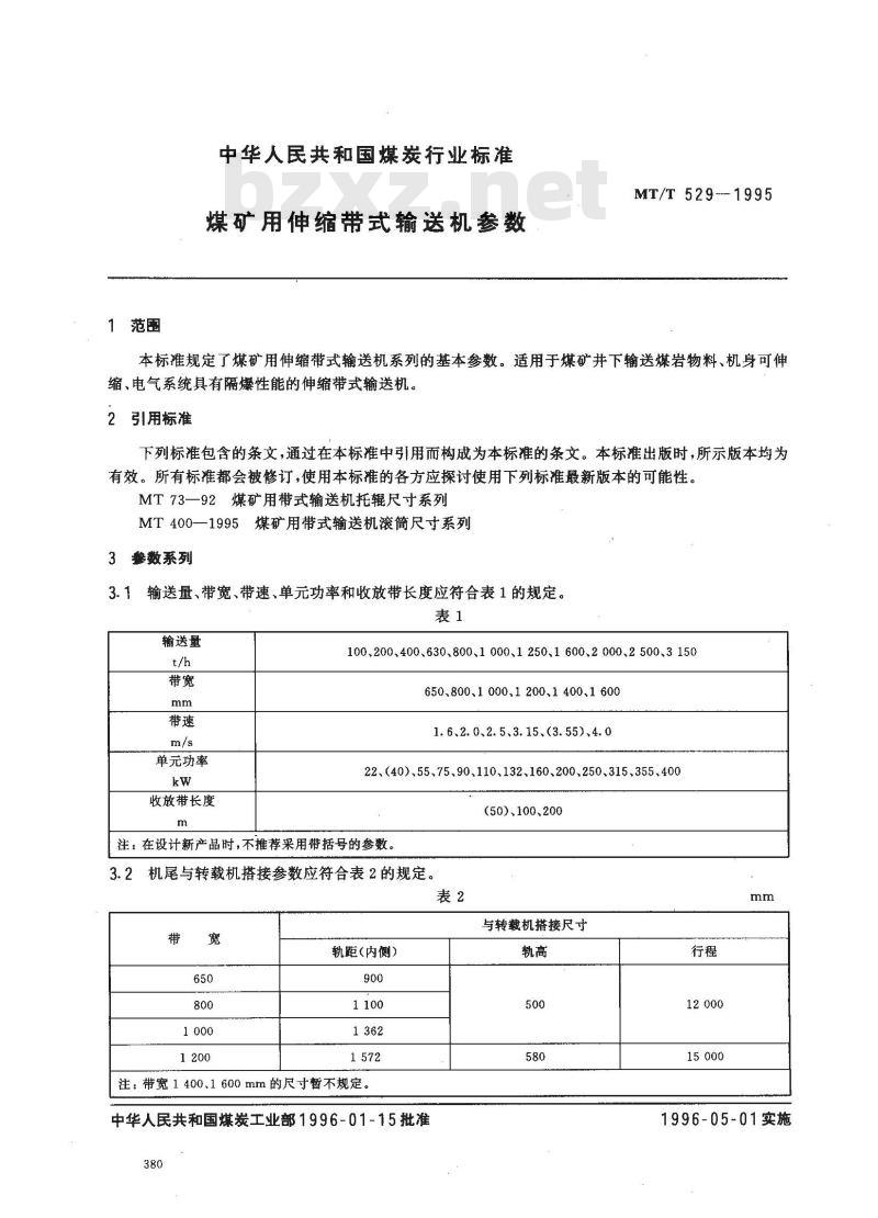 MT/T 529-1995 煤矿用伸缩带式输送机参数