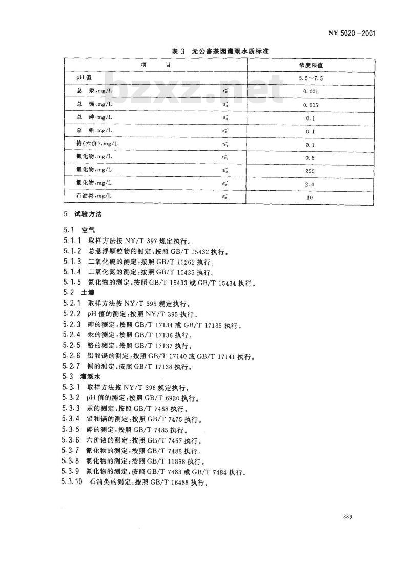 NY 5020-2001 无公害食品 茶叶产地环境条件