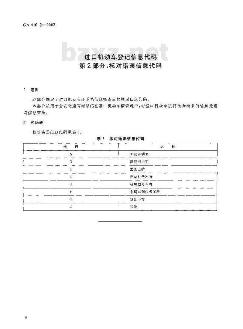 GA 410.2-2003 进口机动车登记信息代码 第2部分:核对错误信息代码