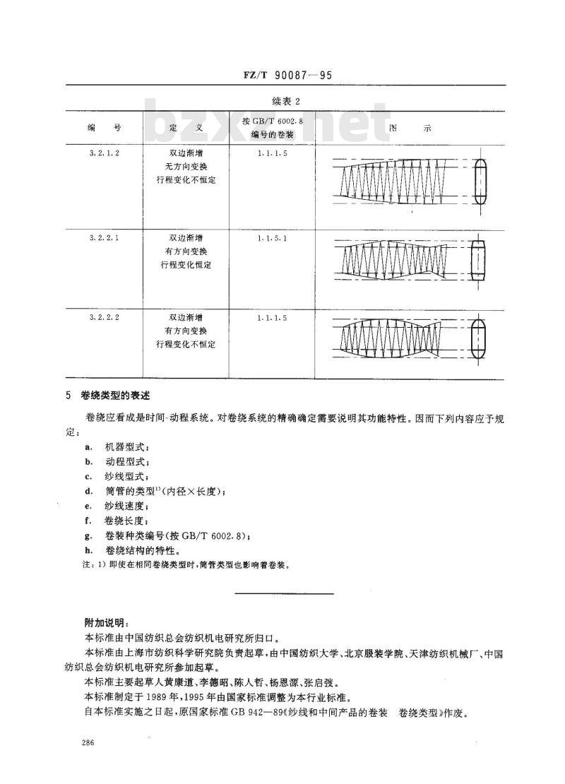 FZ/T 90087-1995 纱线和中间产品的卷装 卷绕类型