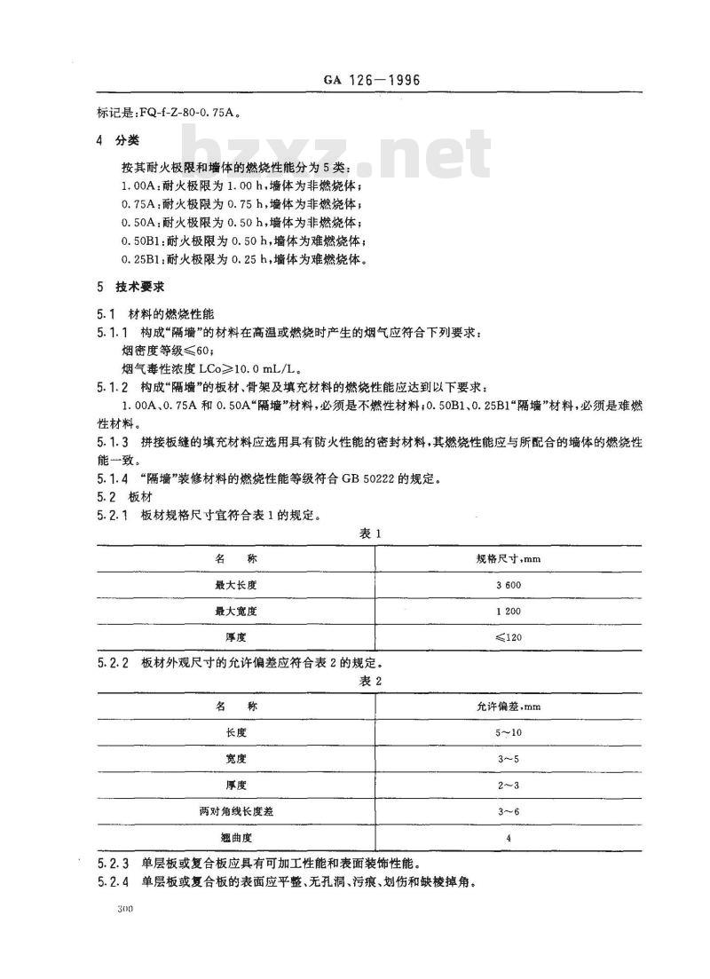 GA 126-1996 轻质薄型非透明防火隔墙技术条件