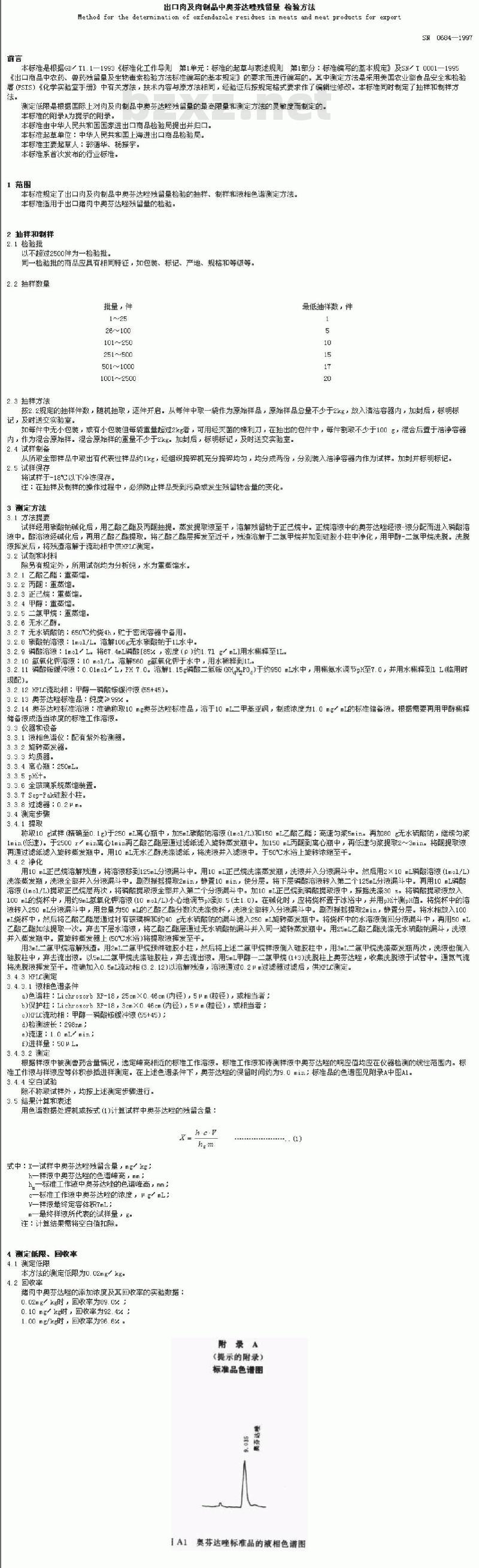 SN 0684-1997 出口肉及肉制品中奥芬达唑残留量检验方法
