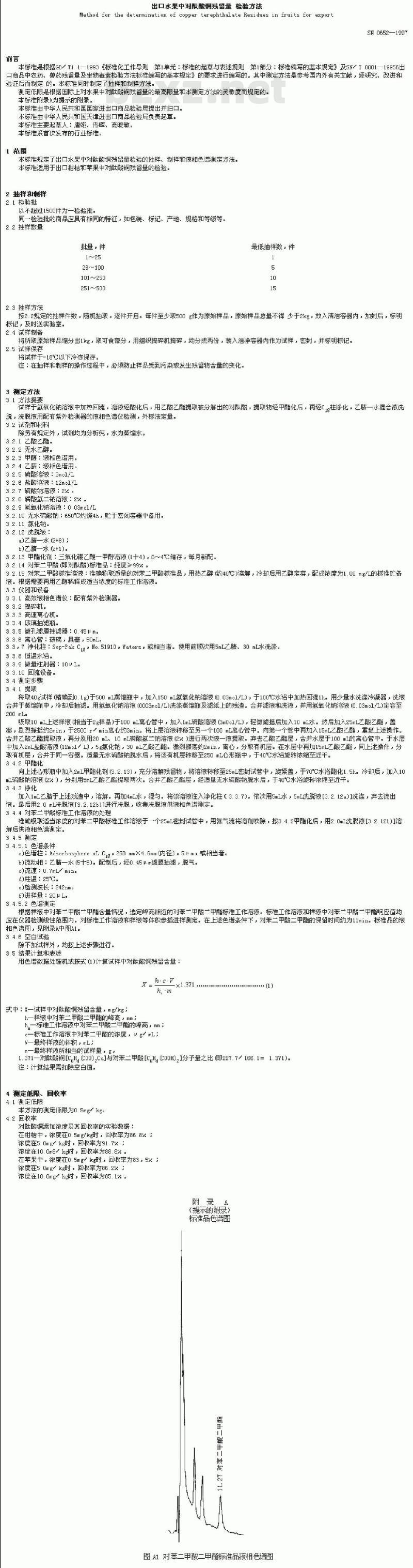 SN 0652-1997 出口水果中对酞酸铜残留量检验方法