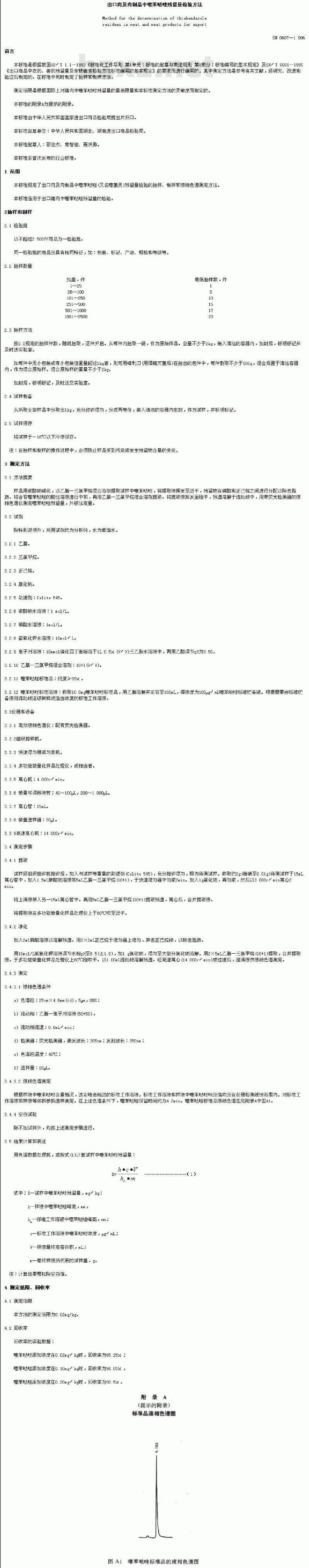 SN 0607-1996 出口肉及肉制品中噻苯哒唑残留量检验方法