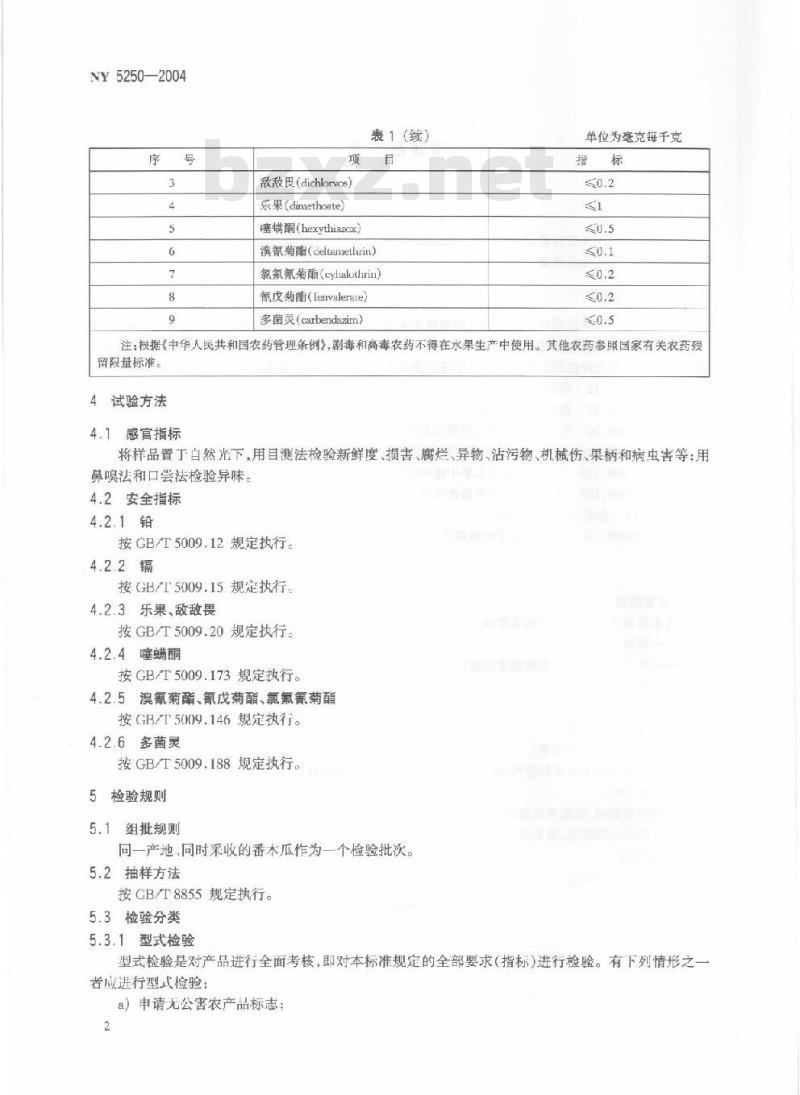 NY 5250-2004 无公害食品番木瓜