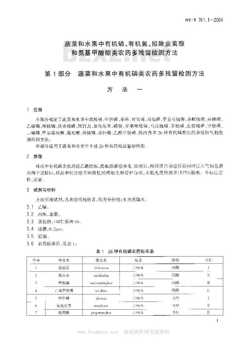 NY/T 761.1-2004 蔬菜和水果中有机磷、有机氯、拟除虫菊酯和氨基甲酸酯类农药多残留检测方法