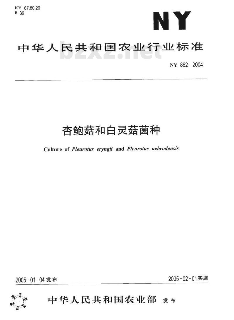NY 862-2004 杏鲍菇和白灵菇菌种