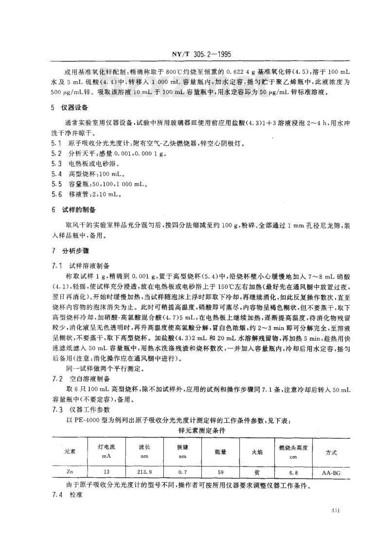 NY/T 305.2-1995 有机肥料锌的测定方法