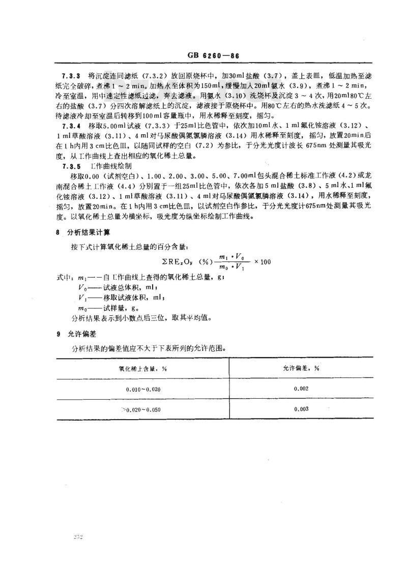 GB 6260-1986 土壤中氧化稀土总量的测定对马尿酸偶氮氯膦分光光度法