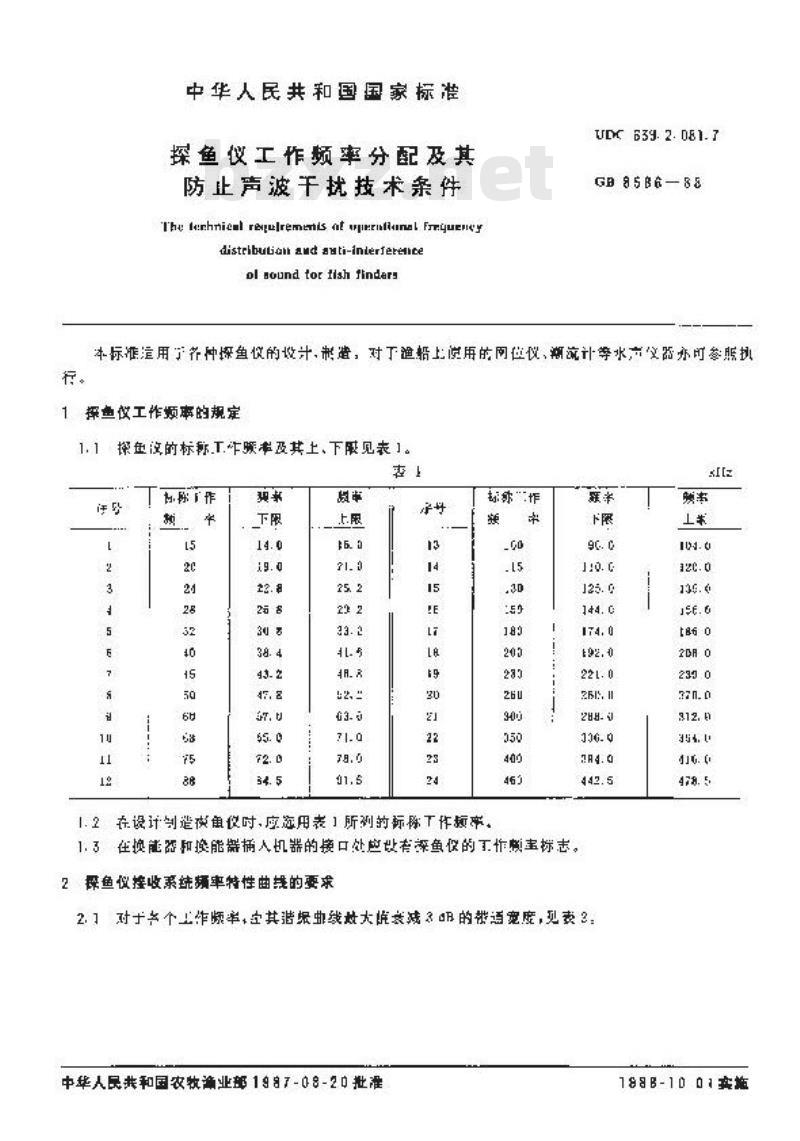 GB 8586-1988 探鱼仪工作频率分配及其防止声波干扰技术条件