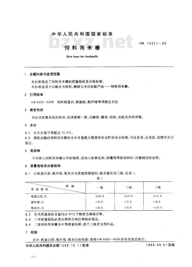 GB 10371-1989 饲料用米糠