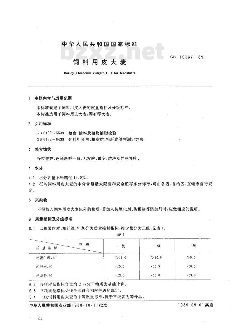 GB 10367-1989 饲料用皮大麦