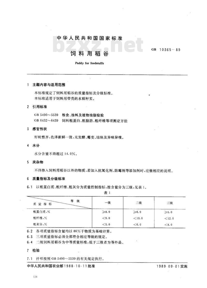 GB 10365-1989 饲料用稻谷