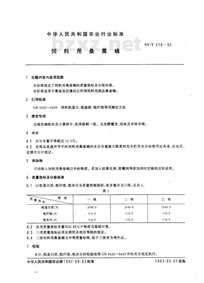 NY/T 218-1992 饲料用桑蚕蛹