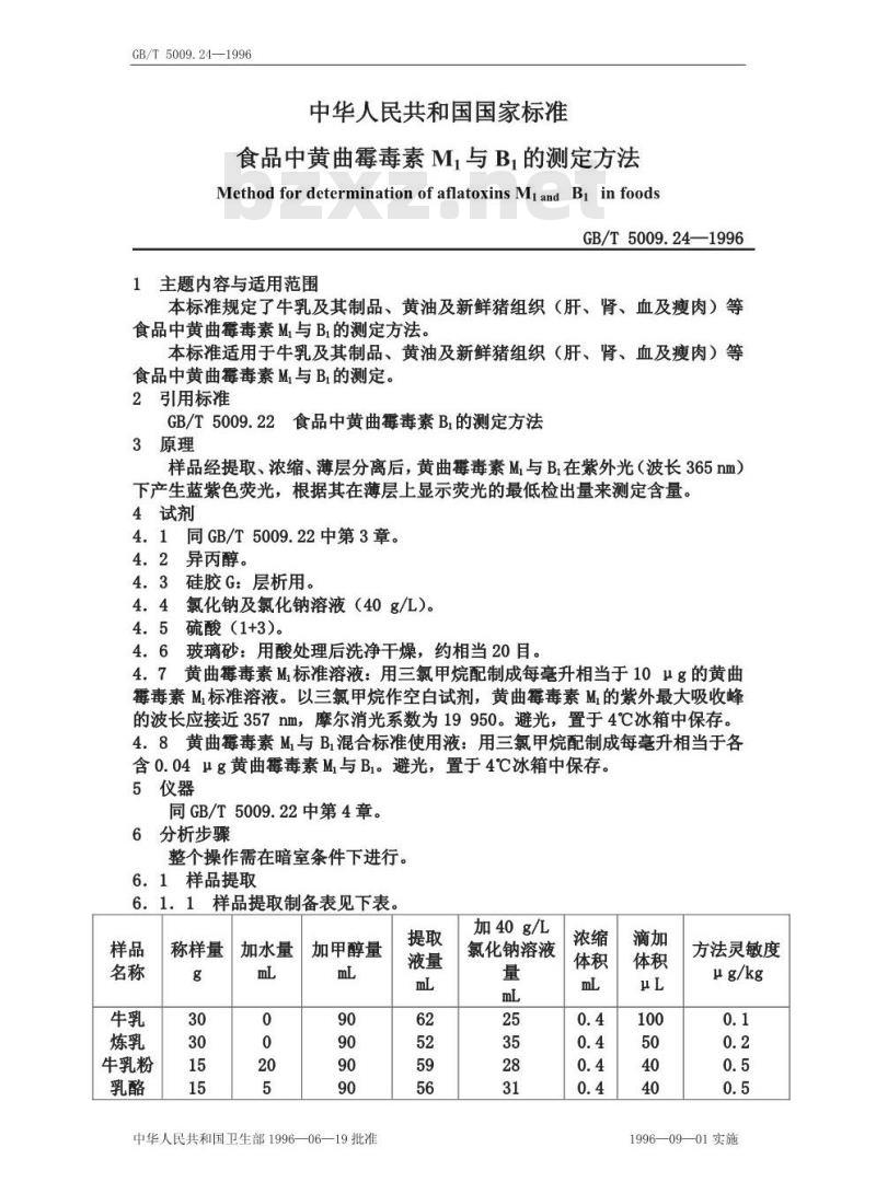 GB/T 5009.24-1996 M1B1食品中黄曲霉毒素与的测定方法