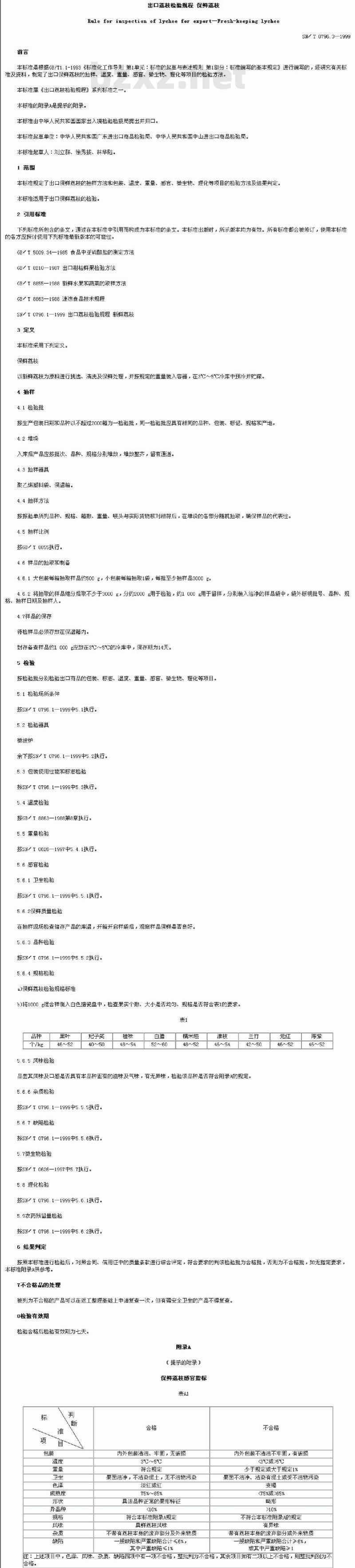 SN/T 0796.3-1999 出口荔枝检验规程保鲜荔枝