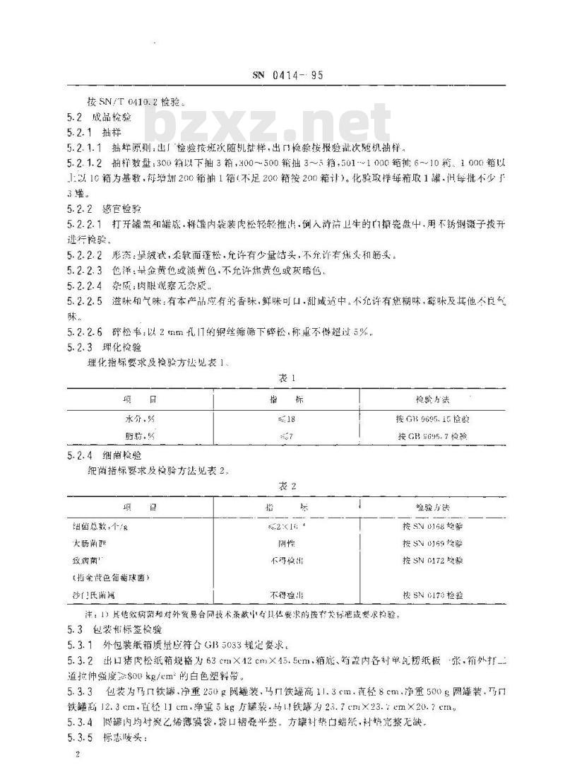 SN 0414-1995 出口猪肉松检验规程